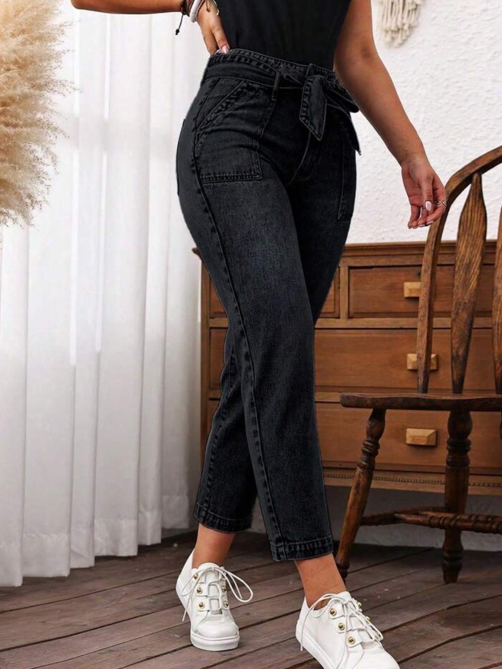 Women’s High-Waist Black Paperbag Jeans